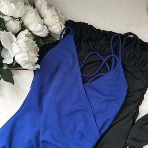 Windsor Mini Dress, Blue and Black Set Long Sleeve and V-neck